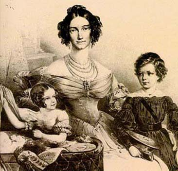 Marie Louise de Bavière en 1836 avec ses 2 aînés Louis Guillaume et Hélène